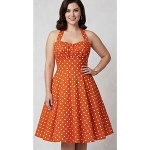 Orange White Polka Dot Halter Neck Swing Dress Retro 50s Pinup Size XL Stretch